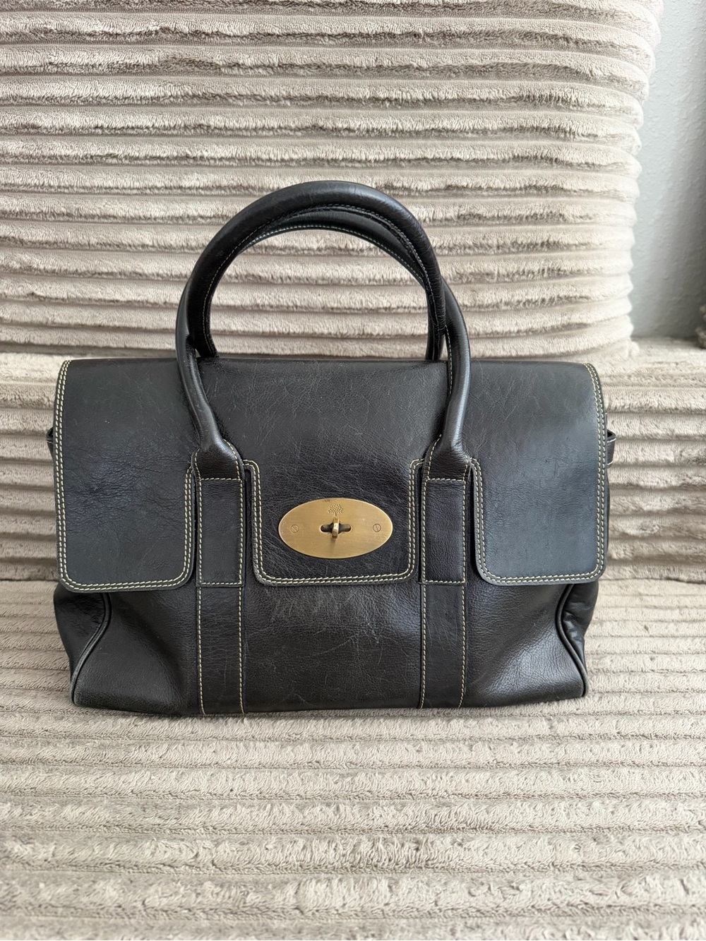 Mulberry Black Leather Top-Handle Satchel with Gold Turn-Lock